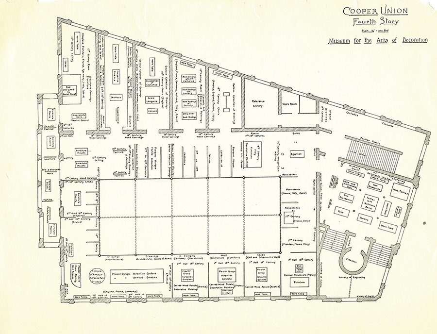 Floor plan of a four-sided building with many rooms inside, each marked with tiny text.