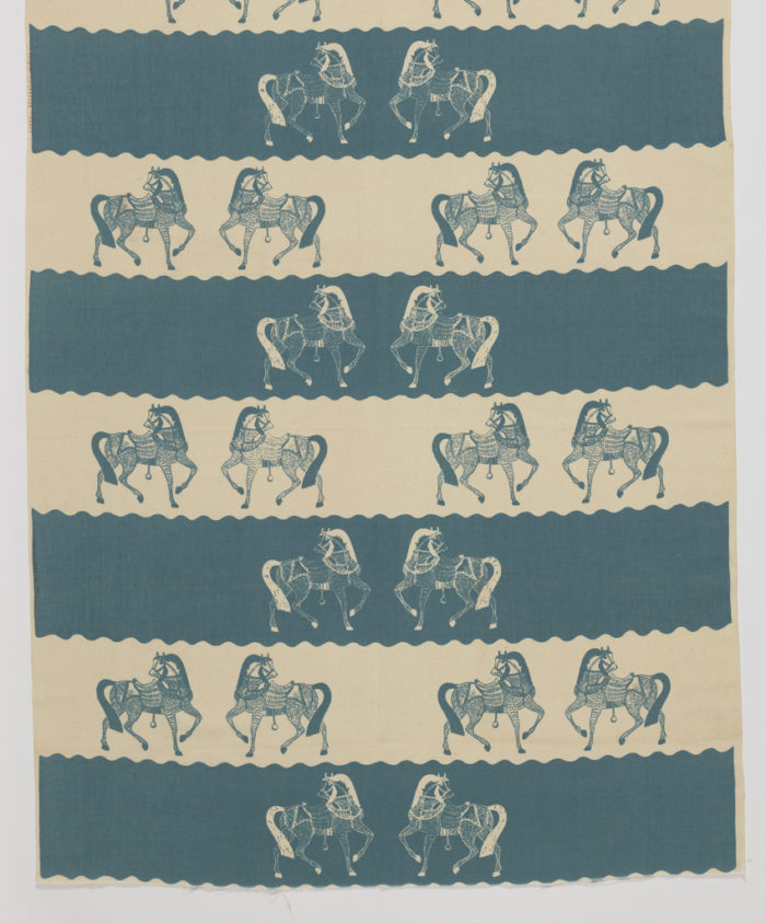 Image features: Length of printed textile with alternating aqua-blue and white stripes with scalloped edges. Stylized horses grouped in pairs are printed in the opposite colors. Please scroll down to read the blog post about this object.