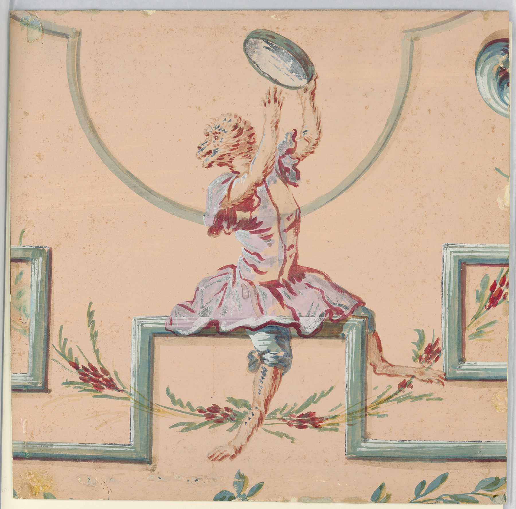 Pink, red, and light blue drawing of a lively monkey dressed in a tutu and holding a tambourine, atop a light pink background. The monkey sits on a light blue, rectilinear form that resembles architectural moldings. A swag with red flowers is in the background towards the bottom.