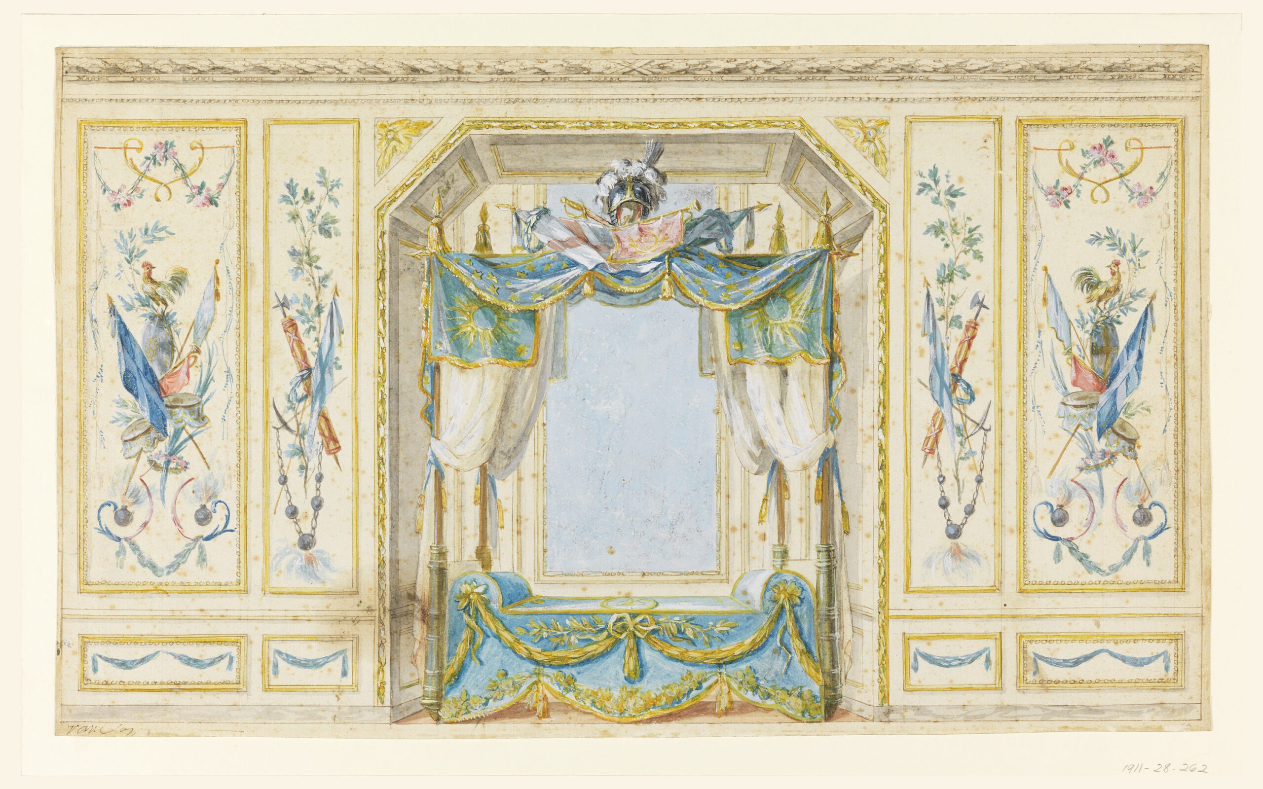 Detailed and colorful drawing of a bedroom. Centered in a tall alcove sits an ornate, light blue and gold bed with an equally decorated canopy. The walls of the room feature moldings, swags, and panels with repeating imagery: flags with surrounding floral elements.