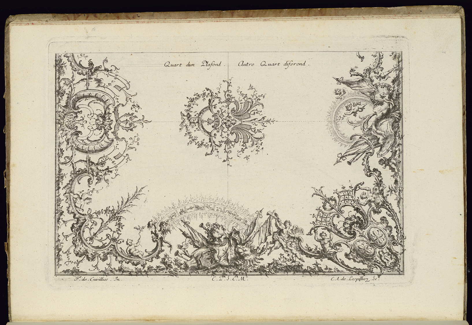 Page from a book with a very detailed and ornate black-and-white drawing of a design for a ceiling. The drawing features crests, flags, scrolling vegetal elements, swags, and putti. A small line of hand-written text is at the top of the drawing.