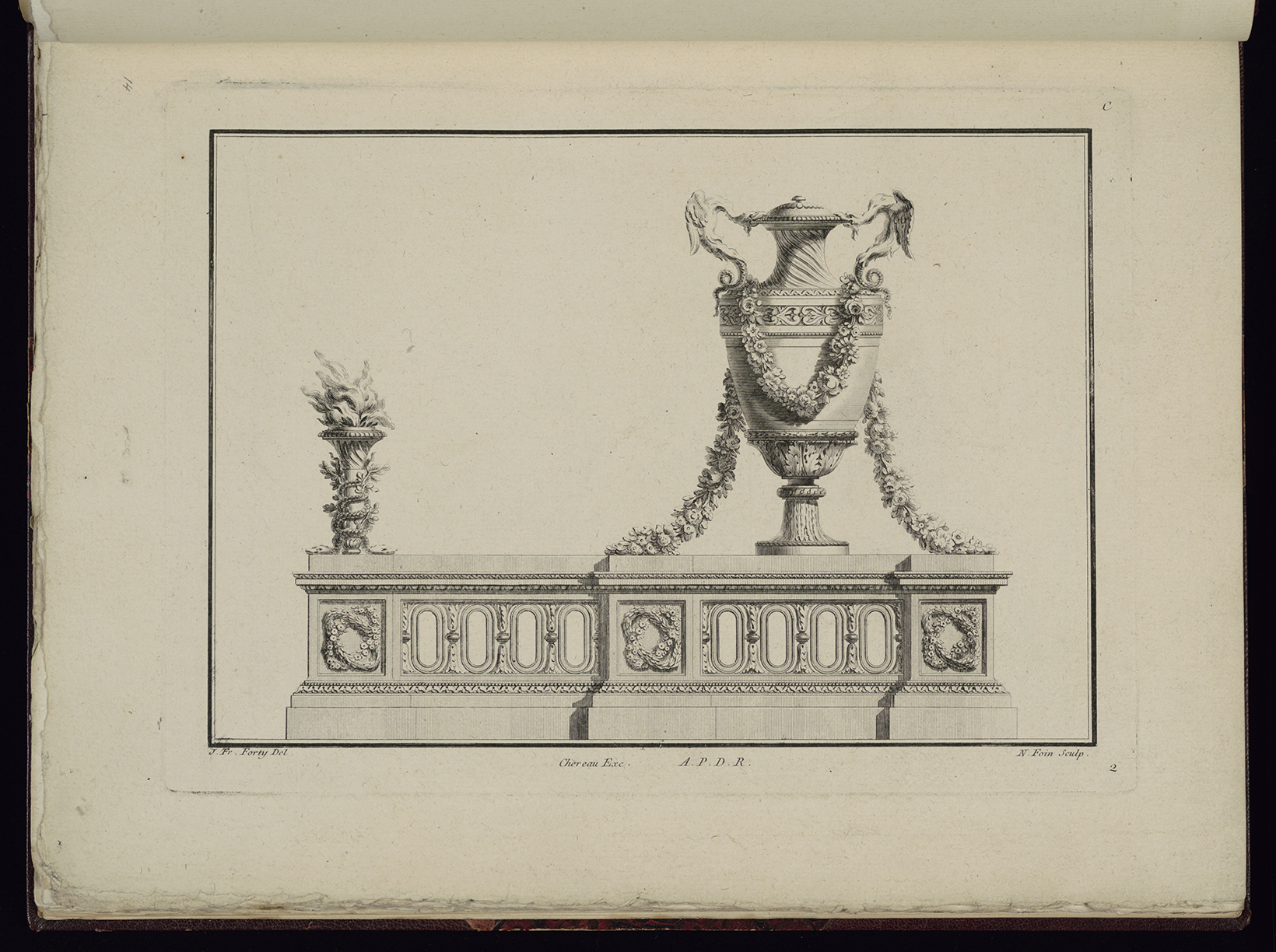 Page from a book with a black-and-white drawing inside a thin rectangle outline. The detailed drawing features a life-like vase towards the right, sitting on an architectural base with ornamentation from classical antiquity. A long swag hangs from the vase and a smaller detailed object sits on the opposite end of the base.