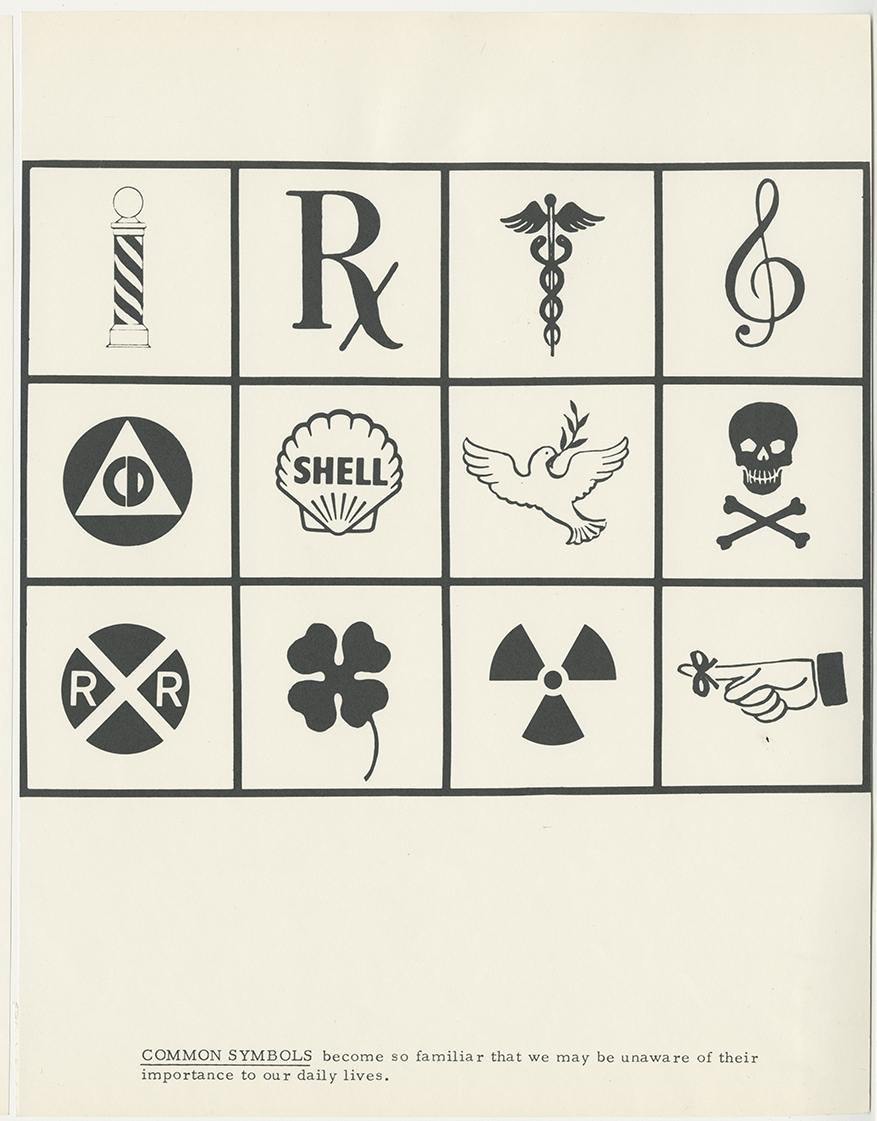 Page from a book featuring a table chart that fills most of the page, divided into 12 cells. The cells hold black-and-white symbols including the treble clef, four-leaf clover, and radioactive symbol. A line of printed text at the bottom of the page reads, “Common Symbols become so familiar that we may be unaware of their importance to our daily lives.”