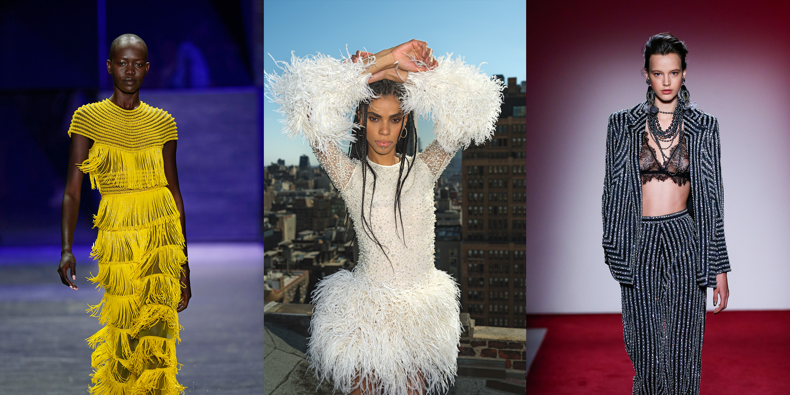 Three images of models wearing vibrant, colorful clothing. On the left, a person wears a long bright yellow dress with fringe. The background is low-lit in dark blue. In the middle, a person wears a short white dress with long sleeves. The sleeves and skirt are feathered, the bodice is beaded. The background is a blue sky and a cityscape. On the right, a person wears a black suit with sparkly silver geometric detailing, with lace garments and a large necklace and earrings. The background is well-lit in deep reds.