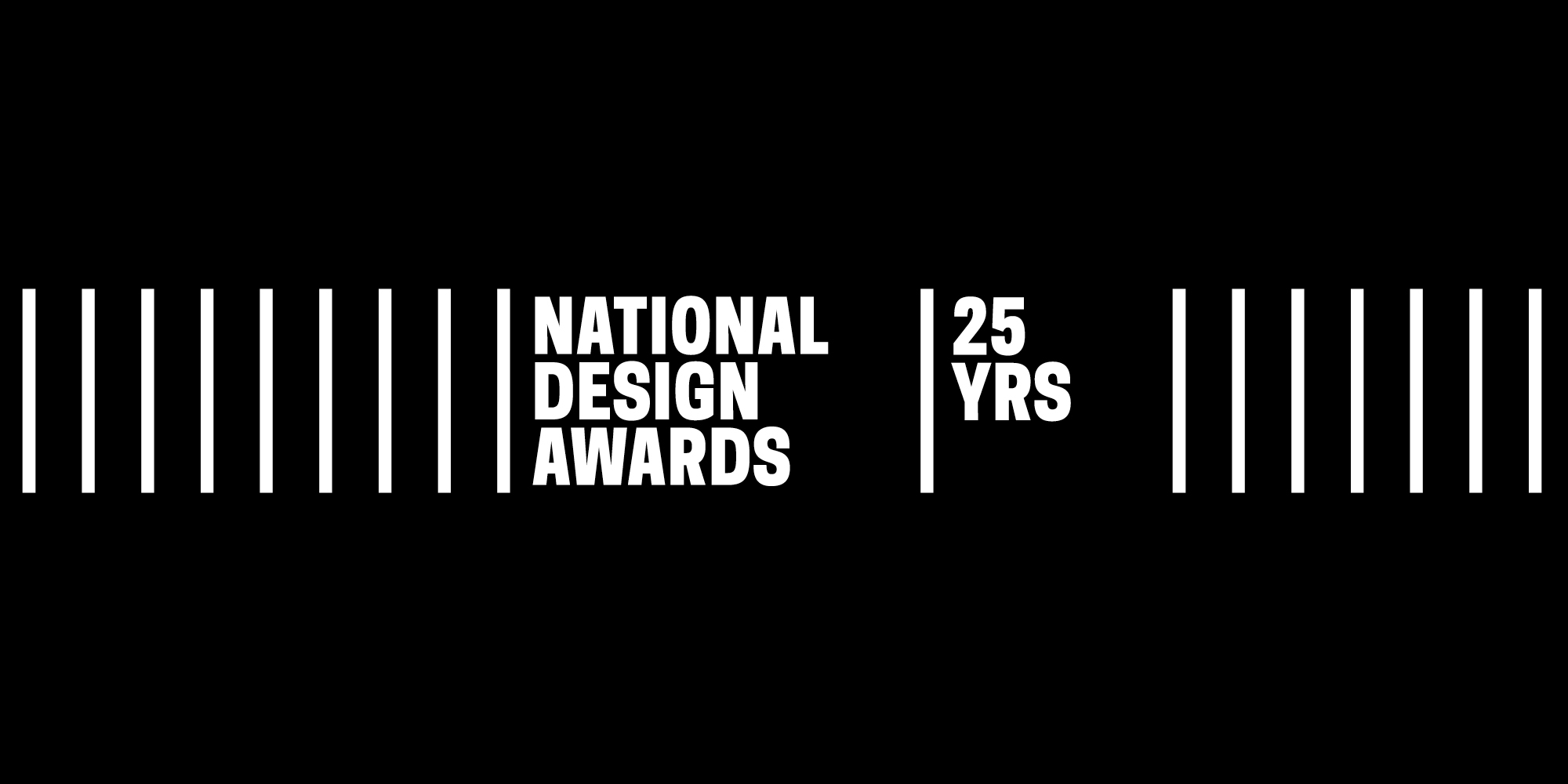 On a black background, white parallel vertical lines repeat across the image. In the middle of the band of lines, text reads National Design Awards, 25 years.