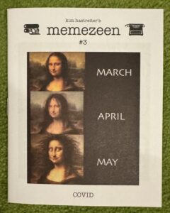 Cover of zine depicting the portrait of Mona Lisa becoming more haggard under covid.