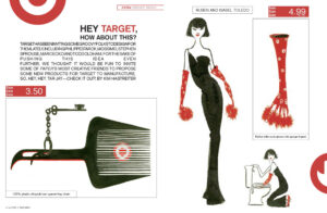 Diagram of playful advertisement proposal for Target that includes a combination afropick/can opener/key chain and rubber toilet gloves with sponge fingers.