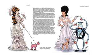 Two character illustrations by COOP of women wearing garments from Chanel and Yves Saint Laurent from Kim Hastreiter's collection.