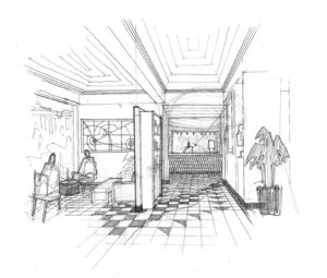 An interior pencil sketch of a lobby with tiled floors and a seating nook.