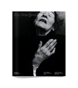 Cover of New York Times Magazine depicting a black and white photo of an older person with their eyes closed and mouth slightly open as if they are sighing.