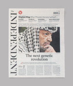 Cover story of the Independent newspaper featuring a photo of Yasser Arafat above the headline [The next genetic revolution].