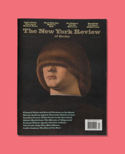 Cover of The New York Review of Books magazine featuring a painting of a person's head in the traditional renaissance style with their hair covering their eyes like a helmet.