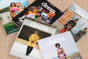 An assemblage of 5 different deem magazine covers displaying portraits of medium and dark-skinned people.