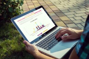 A person on a laptop working on an Energy Calculator bar graph.